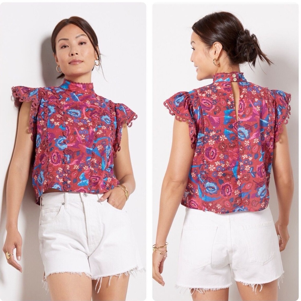 FARM Rio Pink Floral Ruffle Mock-Neck Blouse - Picture 2 of 8